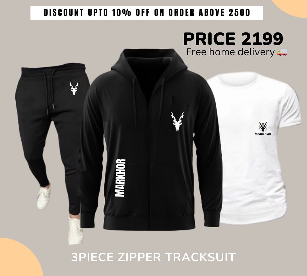 Markhor 3-Piece Winter Zipper Tracksuit – Hoodie, T-Shirt & Trouser (Black & White)