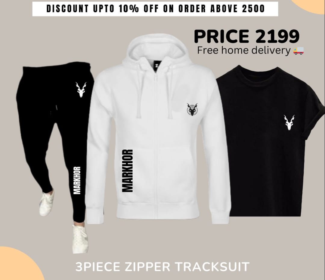 Markhor 3-Piece Winter Zipper Tracksuit – Hoodie, T-Shirt & Trouser (Black & White)
